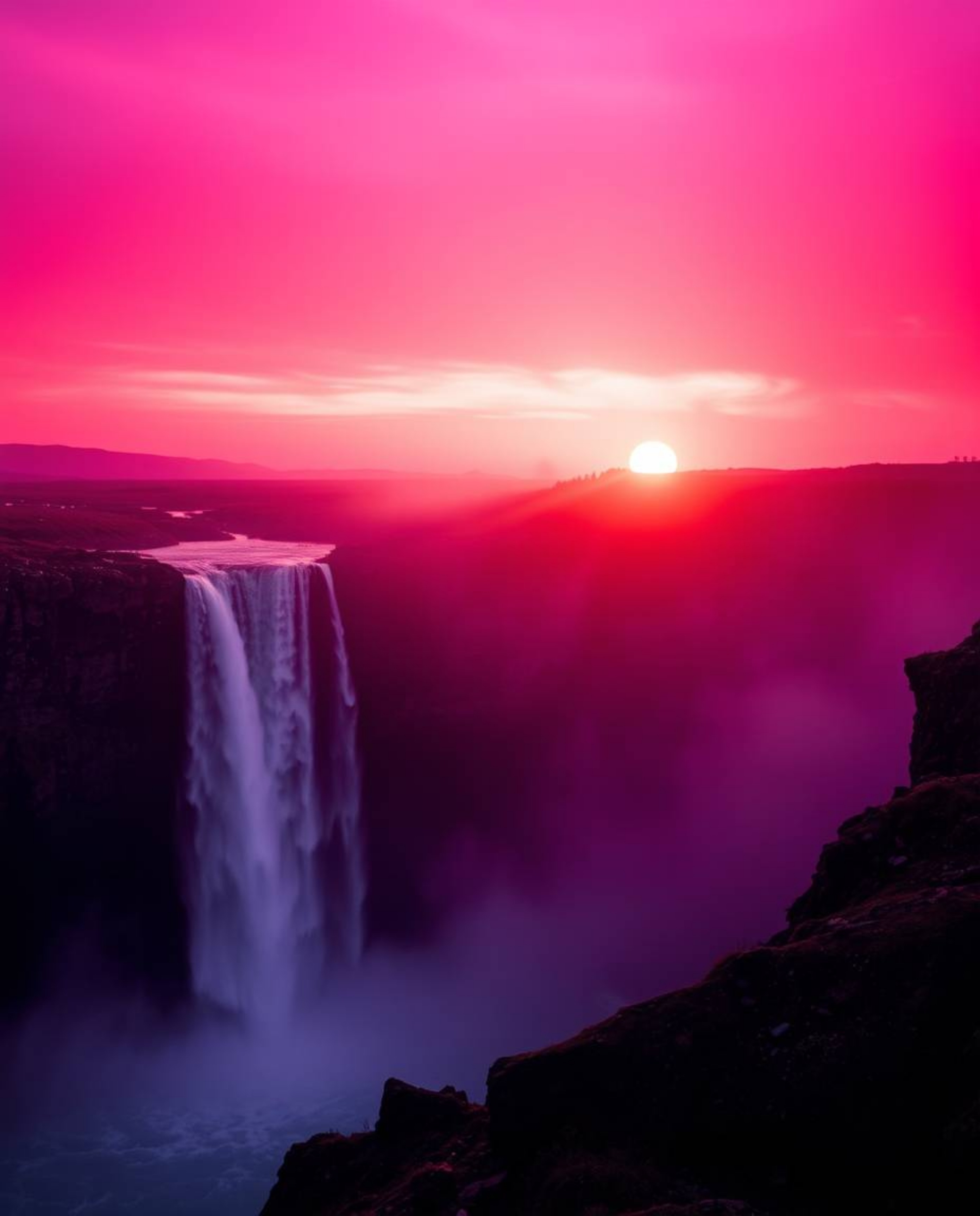 A cinematic photograph depicting a waterfall at sunset. Deep ultraviolet hues dominate the scene, which features a soft focus
