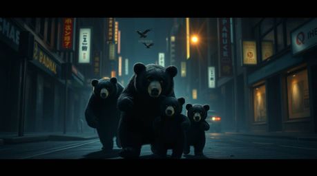 Experience a dramatic cinematic journey of a bear family navigating the urban jungle.  Rendered in intense jet black and deep