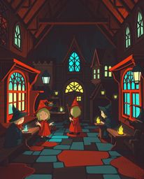 Discover a charming magical school brimming with young wizards, bathed in the warm glow of terracotta and the cool hues of te