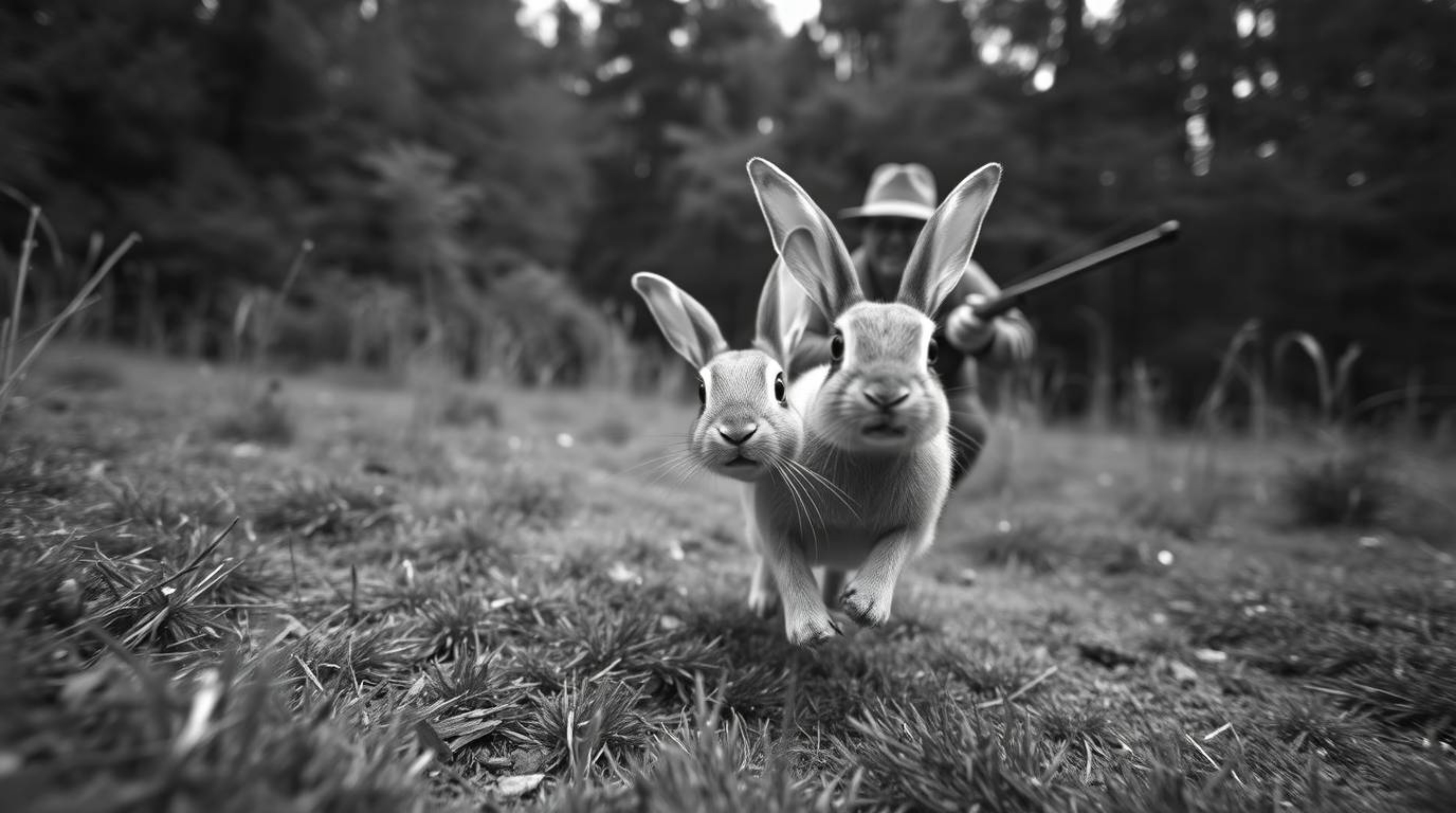 A captivating black and white photograph shot from a low angle showcases a wacky rabbit outsmarting a hunter with over-the-to