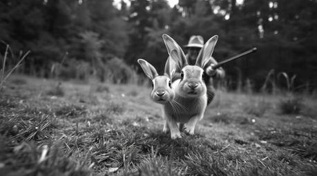A captivating black and white photograph shot from a low angle showcases a wacky rabbit outsmarting a hunter with over-the-to