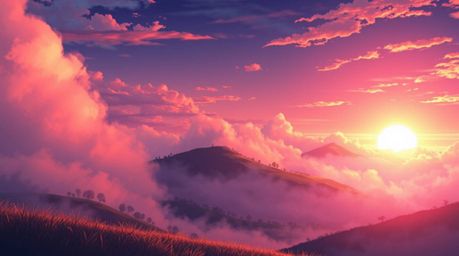 Immerse yourself in a breathtaking Isekai anime-style illustration featuring fog-covered hills bathed in the warm glow of a s
