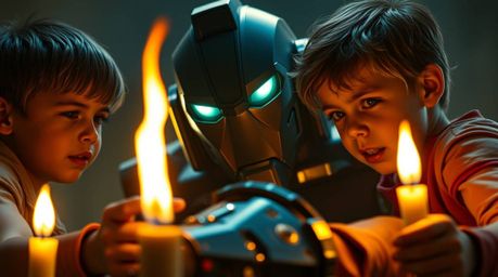 A tight close-up shot captures three superpowered children engaged in an intense battle against a formidable robot.  The scen