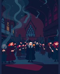 Discover a captivating illustration of a magical school brimming with young wizards.  Rendered in a dramatic cinematic style 