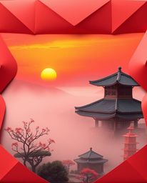 Experience a serene Zen garden at sunset, uniquely envisioned with intricate origami-style folds. The scene is enveloped in t