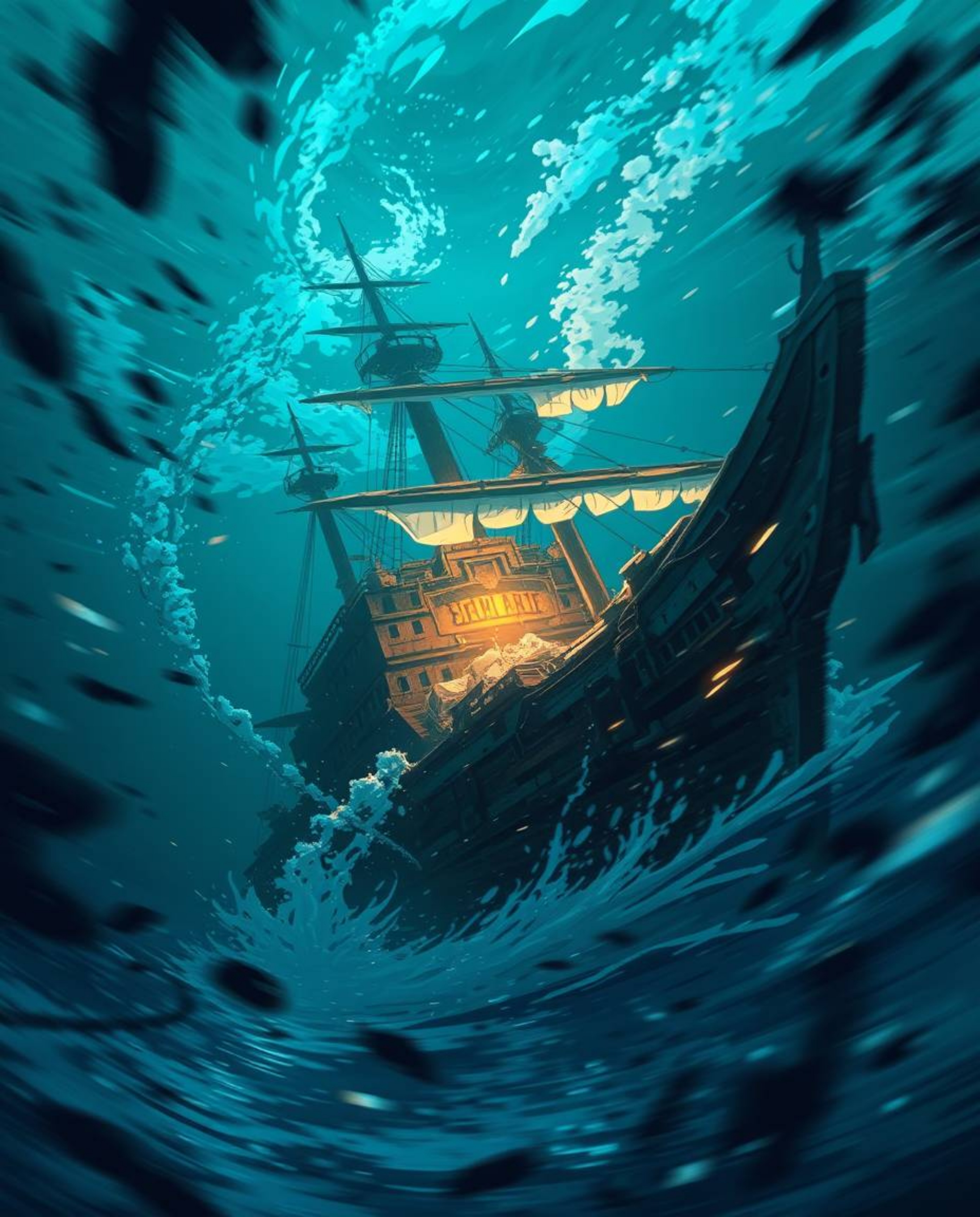An Isekai anime-style depiction of a dynamic shipwreck in motion, illuminated deep underwater, presents an expressive composi