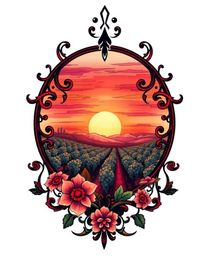 A symbolic traditional tattoo art print featuring a gentle, soft light sunset over a vineyard with rows of grapevines. This d