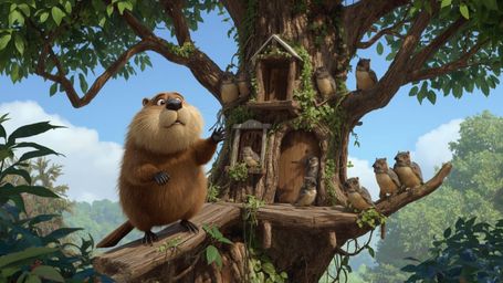 A high-resolution, commercially professional, Pixar-inspired stock photo depicts a beaver busily constructing an intricate, s
