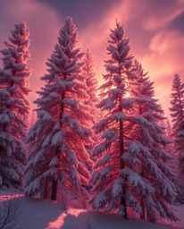 A surreal infrared photograph of sunset light sparkling on snowy pine trees, presenting an otherworldly appearance with a sof