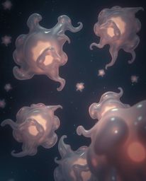 Explore a chilling Isekai anime-inspired scene featuring translucent, fluid organic blobs drifting in the vastness of space. 