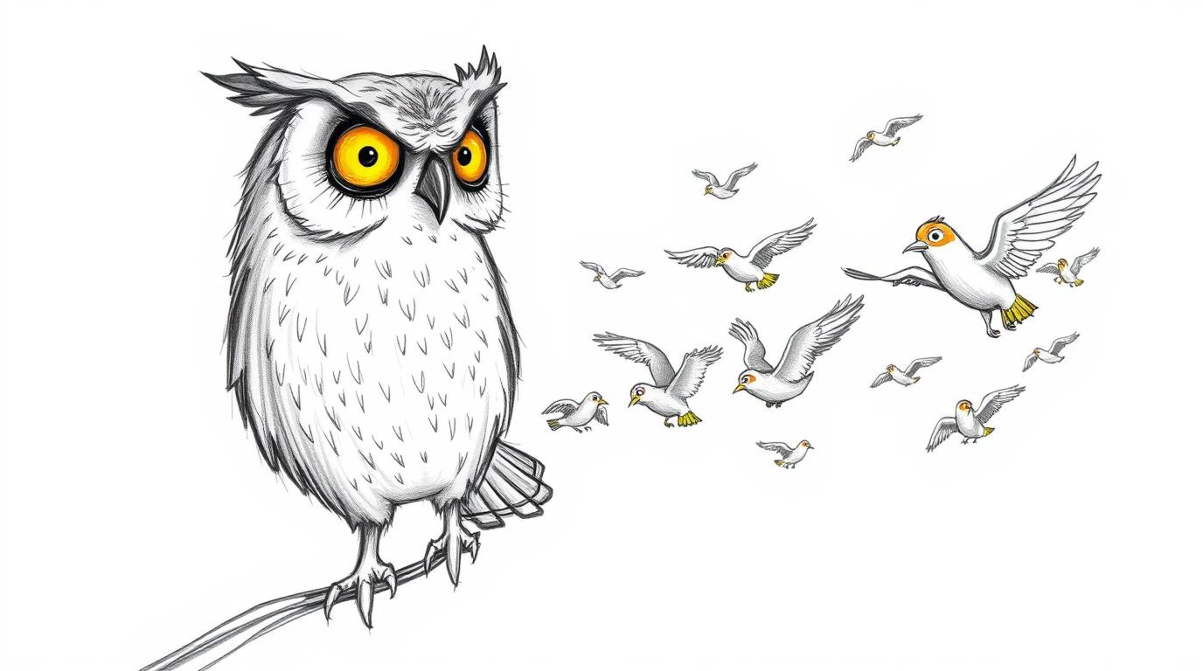 A heartwarming hand-drawn pencil sketch depicts a kind, elderly blind owl guiding a flock of diverse birds through a golden t
