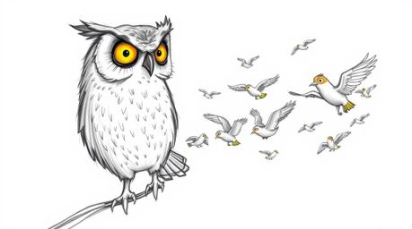 A heartwarming hand-drawn pencil sketch depicts a kind, elderly blind owl guiding a flock of diverse birds through a golden t