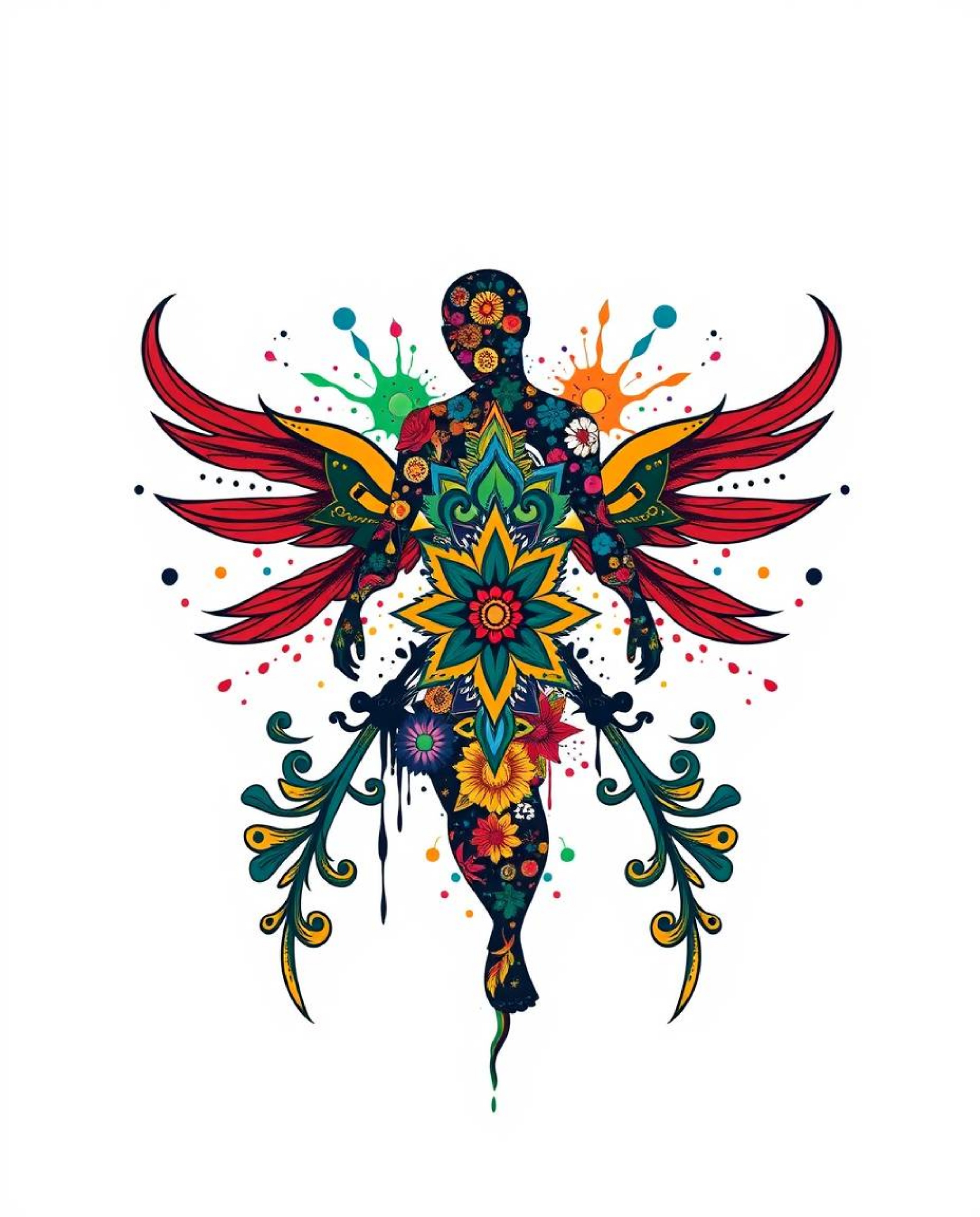 This symbolic traditional tattoo art print showcases a striking human silhouette ingeniously formed by vibrant, colorful spla