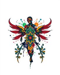 This symbolic traditional tattoo art print showcases a striking human silhouette ingeniously formed by vibrant, colorful spla