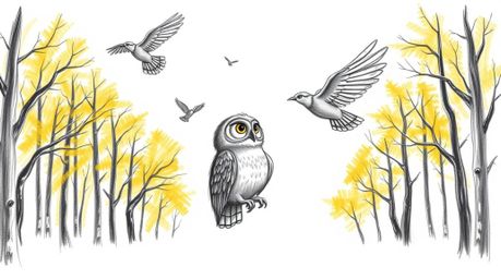 A charming hand-drawn sketch depicts a blind owl, reminiscent of Pixar animation, imparting wisdom on flying to a flock of bi
