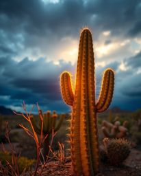 A cute and charming desert cactus glows warmly in the last rays of the sun, creating a delightful focal point. The scene is u