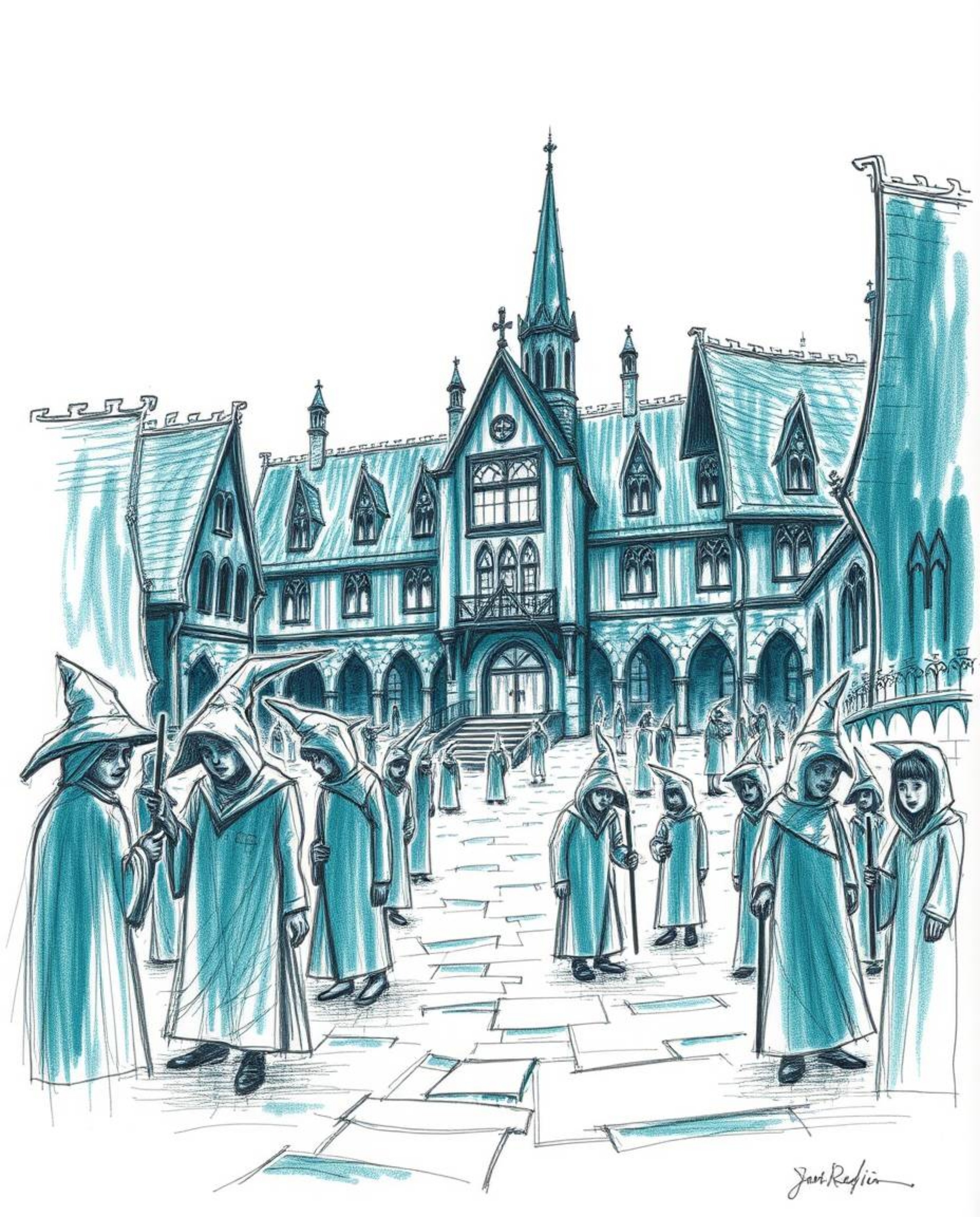 A captivating hand-drawn sketch depicts a magical school brimming with young wizards.  Rendered in rich teal tones with rough