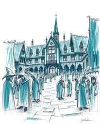A captivating hand-drawn sketch depicts a magical school brimming with young wizards.  Rendered in rich teal tones with rough