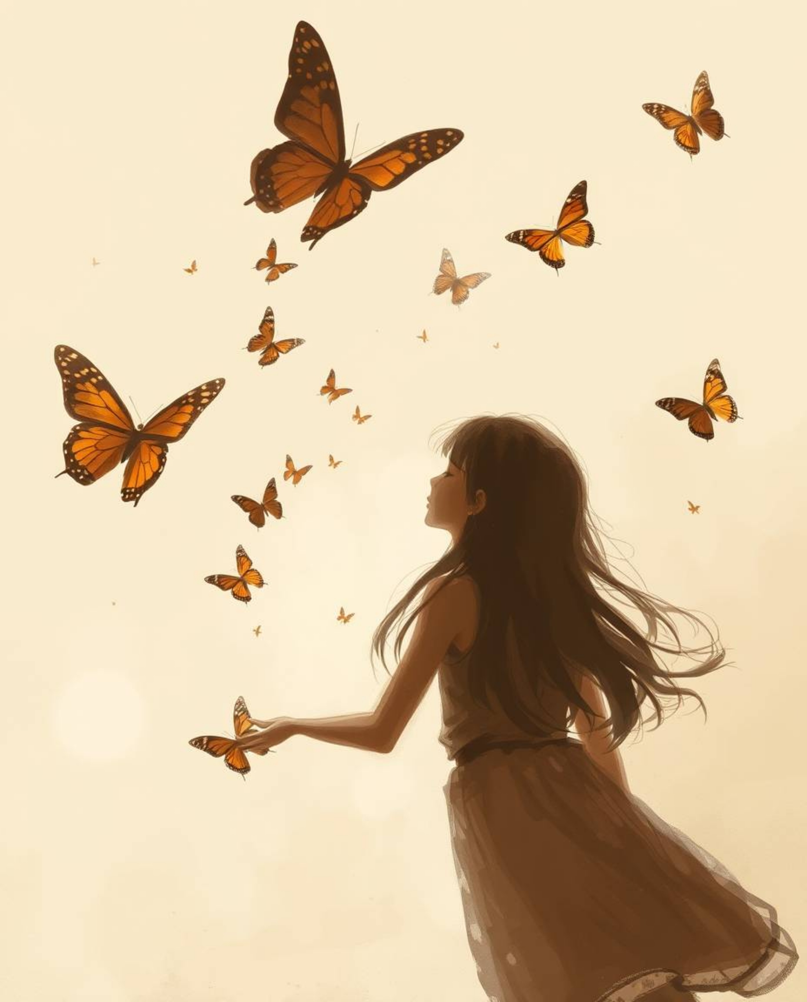 This digital sketch captures a girl releasing butterflies in a loose, painterly style. The artwork utilizes soft, gentle ligh