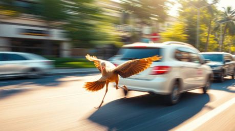 Experience the thrill of a fast-running bird blurring past traffic in this lively and energetic scene. Bathed in gentle, soft