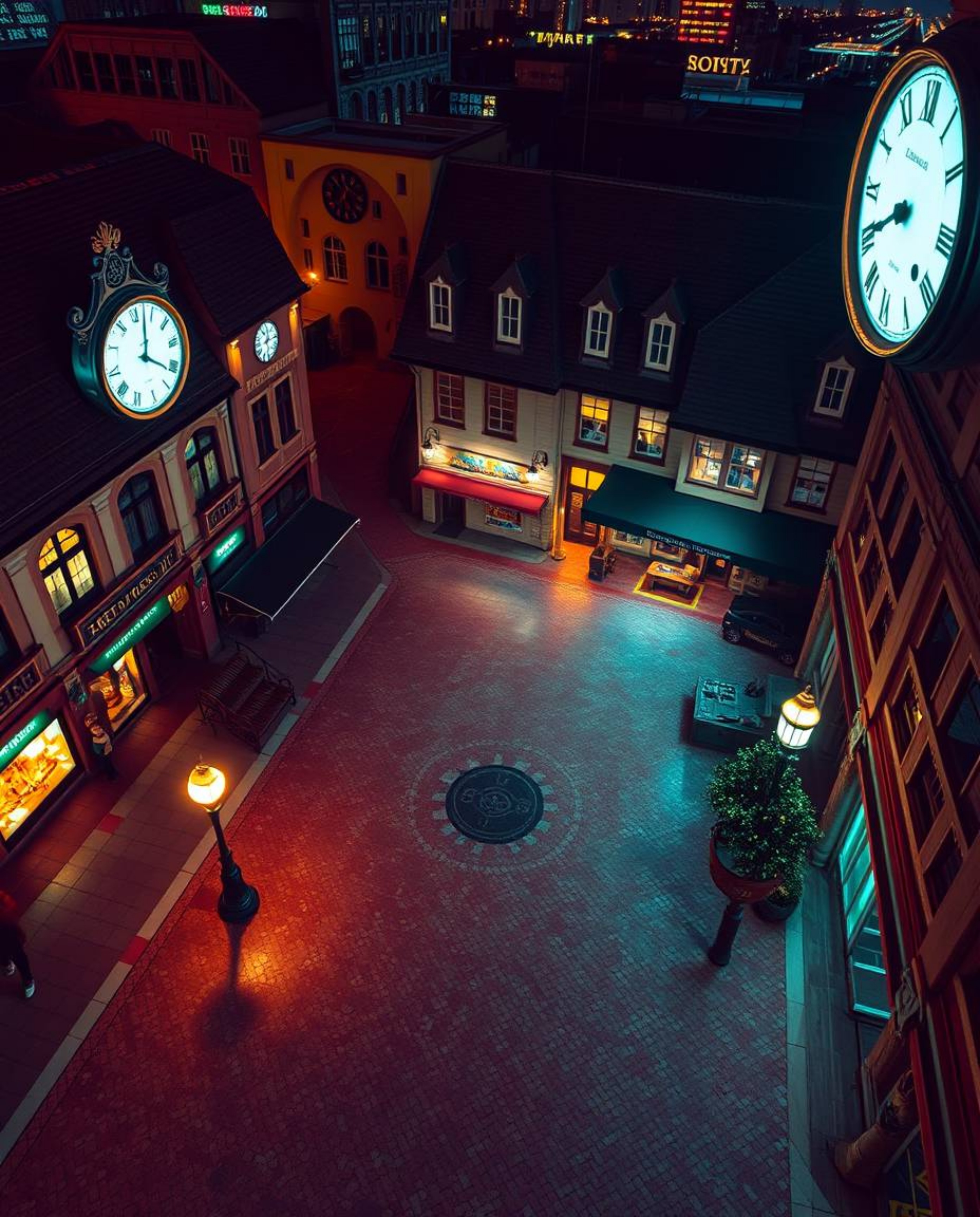 A captivating high-angle perspective of an empty town square bathed in glowing bioluminescent colors. The scene features the 