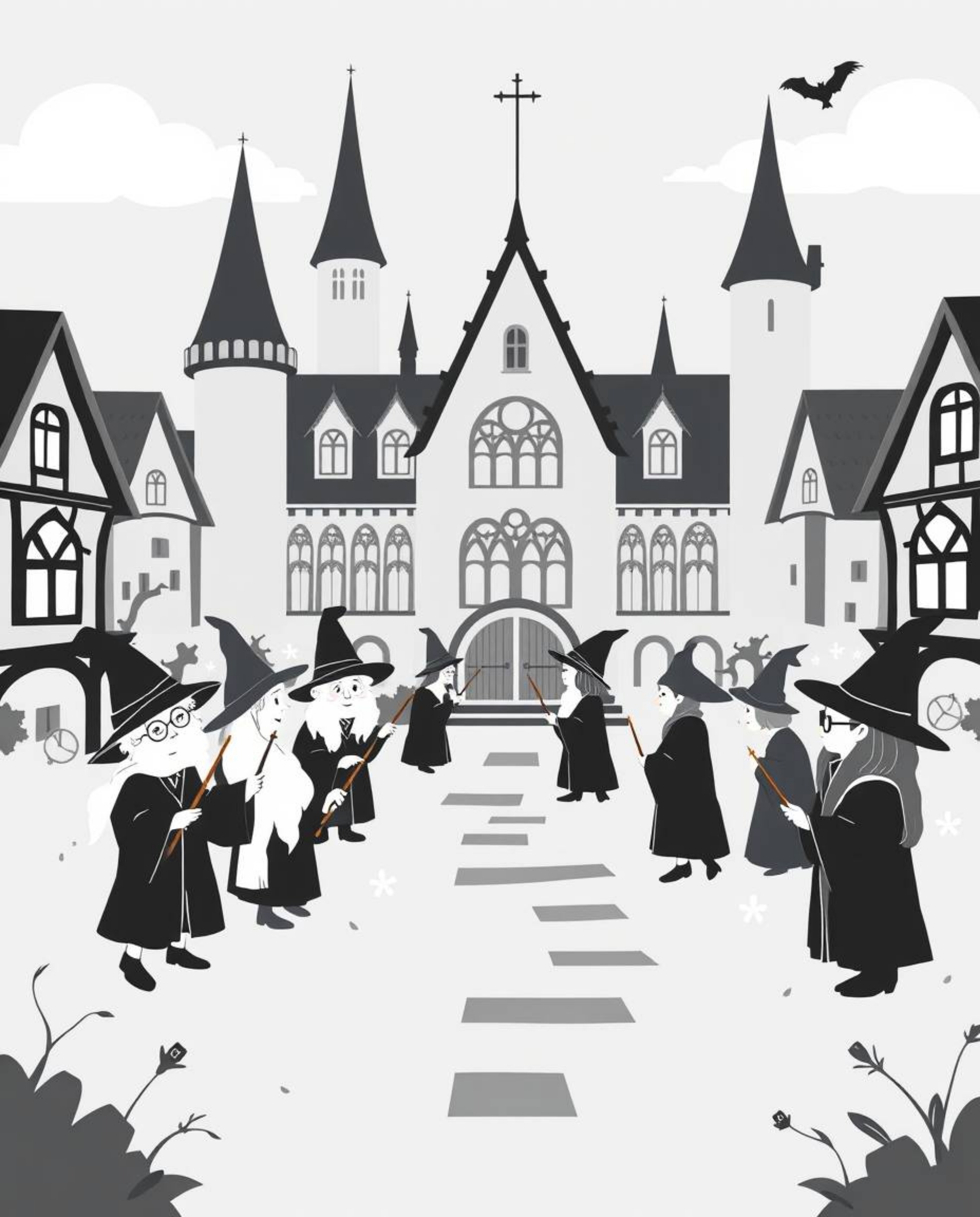 Explore a magical school brimming with young wizards, brought to life in a classic black and white style using a modern flat 