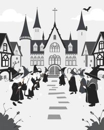 Explore a magical school brimming with young wizards, brought to life in a classic black and white style using a modern flat 