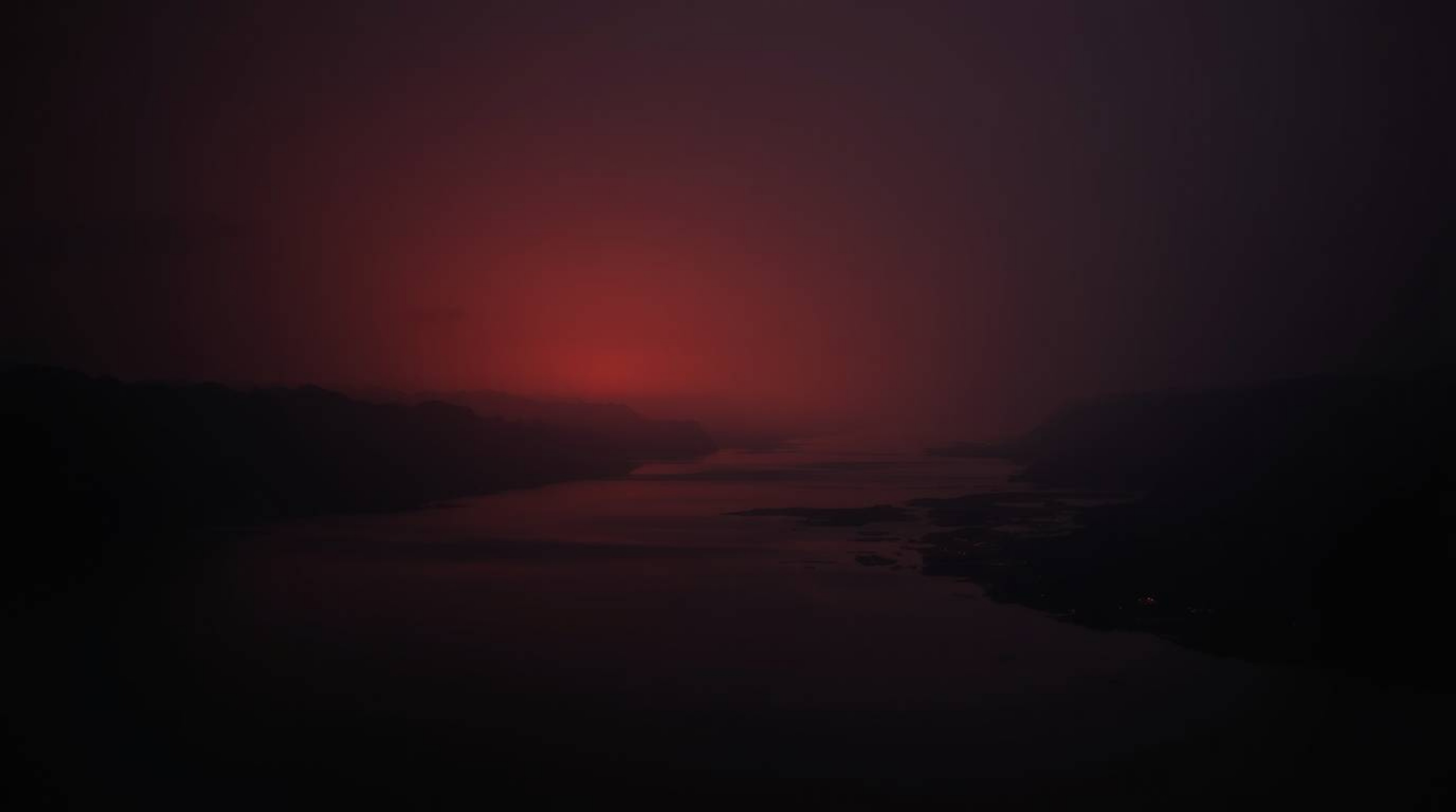 An eerie, warm-toned fine art photograph of a river delta glowing in twilight colors, reminiscent of Associated Press photogr