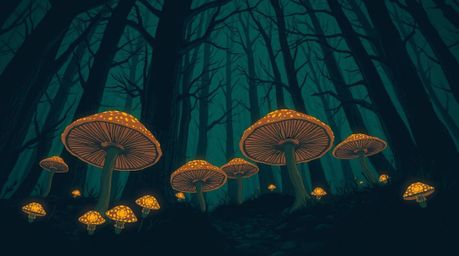 Immerse yourself in a moody, low-angle illustration of a vintage-style enchanted forest, where glowing mushrooms illuminate t