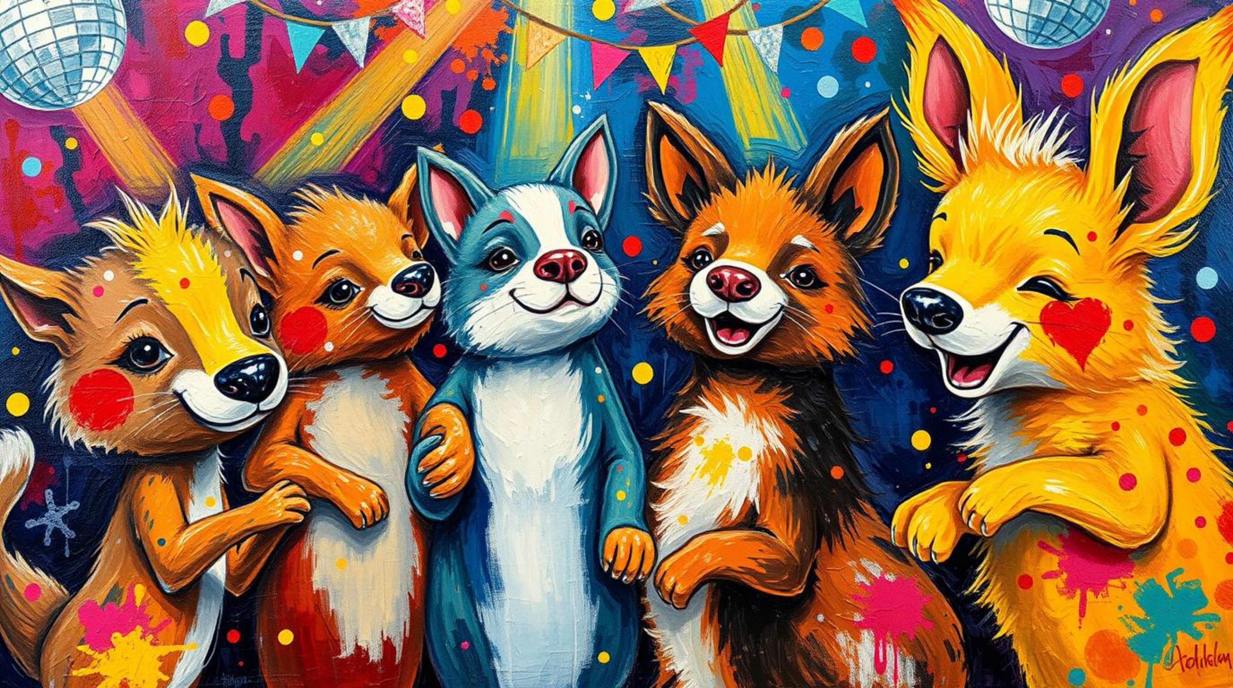 A captivating acrylic painting depicts adorable animals enjoying a lively disco party.  The artwork features charming animal 