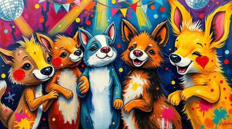 A captivating acrylic painting depicts adorable animals enjoying a lively disco party. The artwork features charming animal