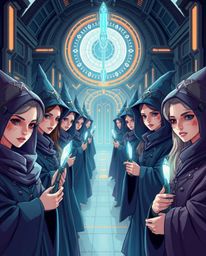 Discover a breathtaking futuristic sci-fi illustration of an elegant magical school brimming with young wizards.  Witness ref