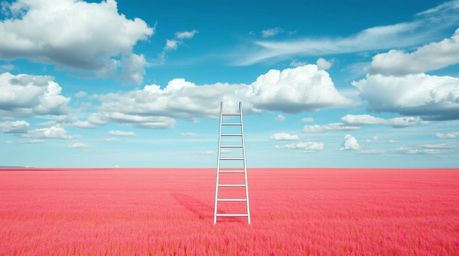 A minimalist scene showcasing a silver ladder in a vibrant, brightly colored open field beneath a wide, cloudy sky. This abst