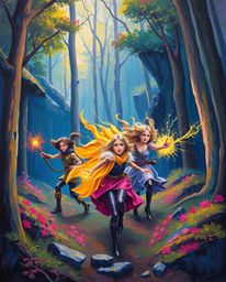 A captivating oil painting showcases a group of friends possessing unique powers, venturing through a vibrant, electric fores
