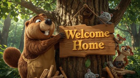 A highly detailed, high-resolution stock photo of a cheerful, anthropomorphic beaver in a lush, vibrant forest, busily constr