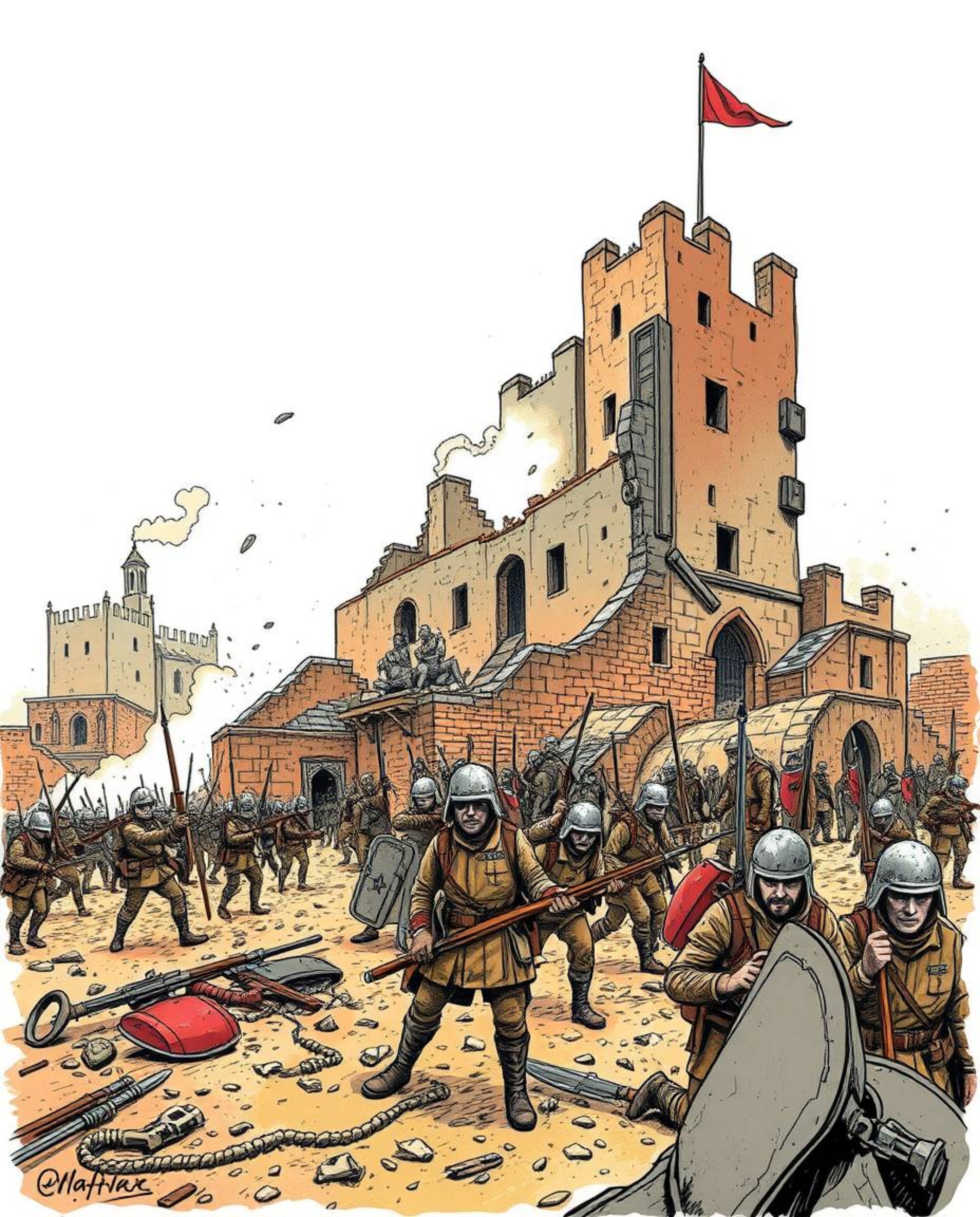 Explore a chaotic battlefield brought to life in a vibrant color sketchnote style. This hand-drawn sketch depicts a scene of 