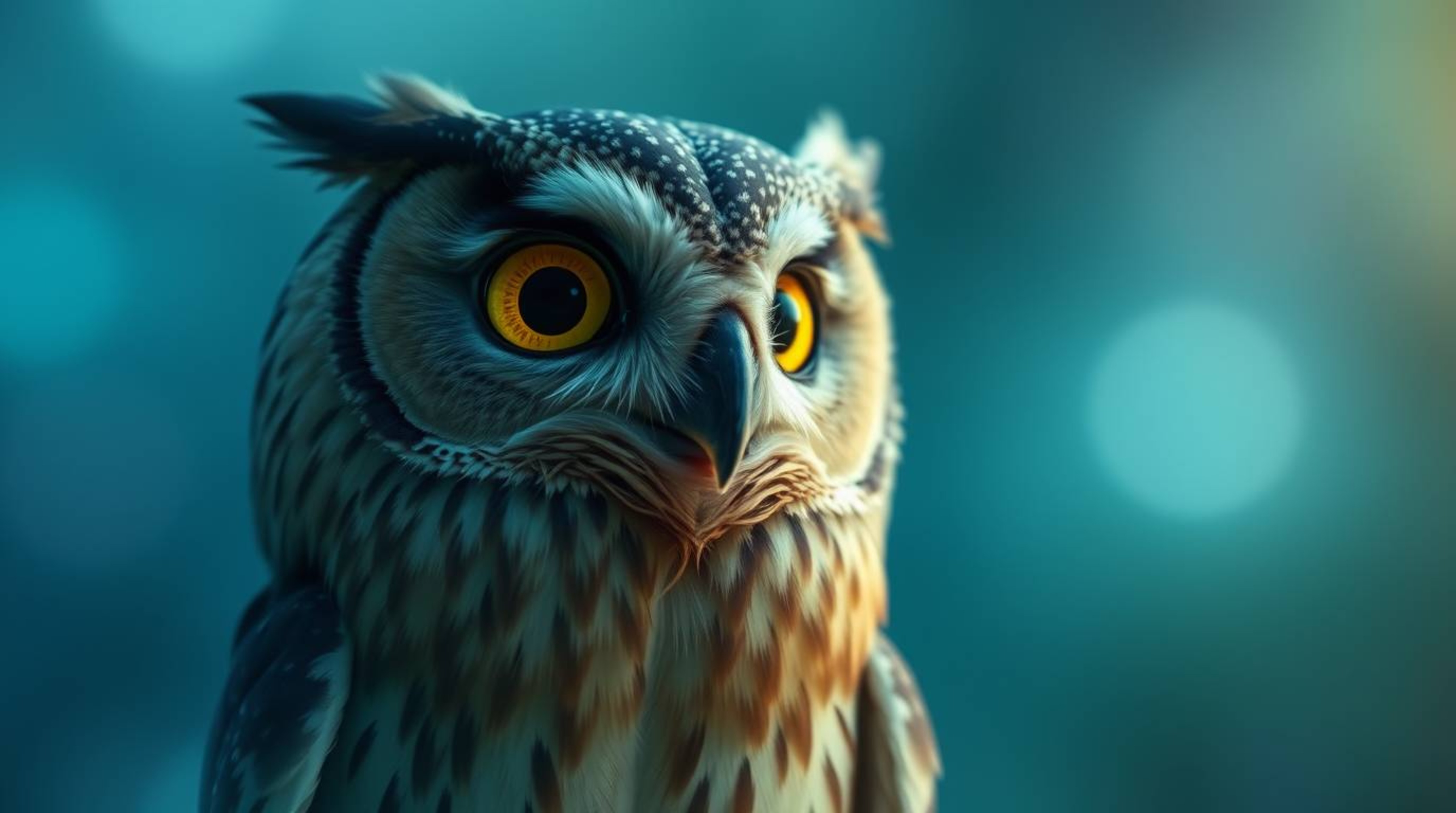 An ethereal and spiritual cinematic photograph captures a blind owl, rendered in a Pixar style, wearing a proud expression as