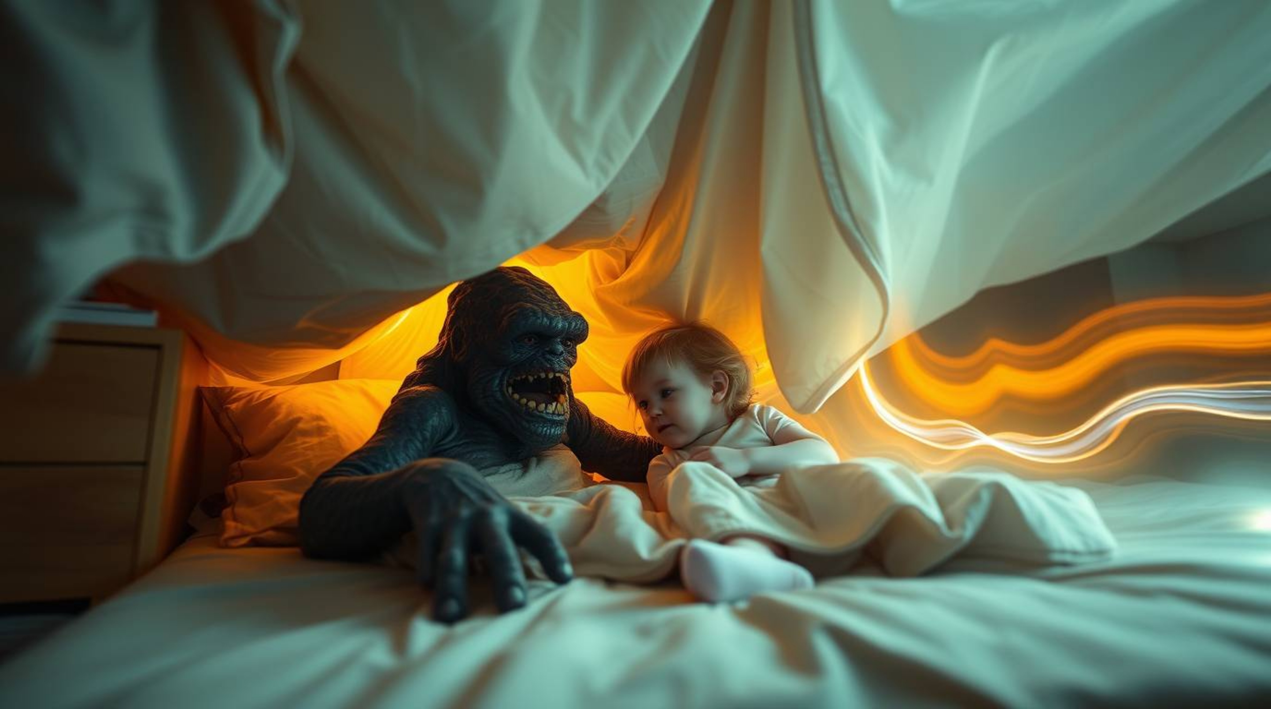 A captivating long exposure photograph depicts an unlikely friendship between a child and a monster under the bed.  The image