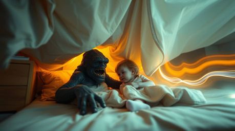 A captivating long exposure photograph depicts an unlikely friendship between a child and a monster under the bed.  The image