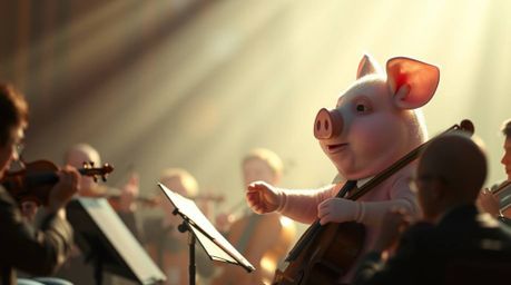 A delightful scene featuring a pig character enthusiastically conducting an orchestra, bathed in gentle, soft light with capt