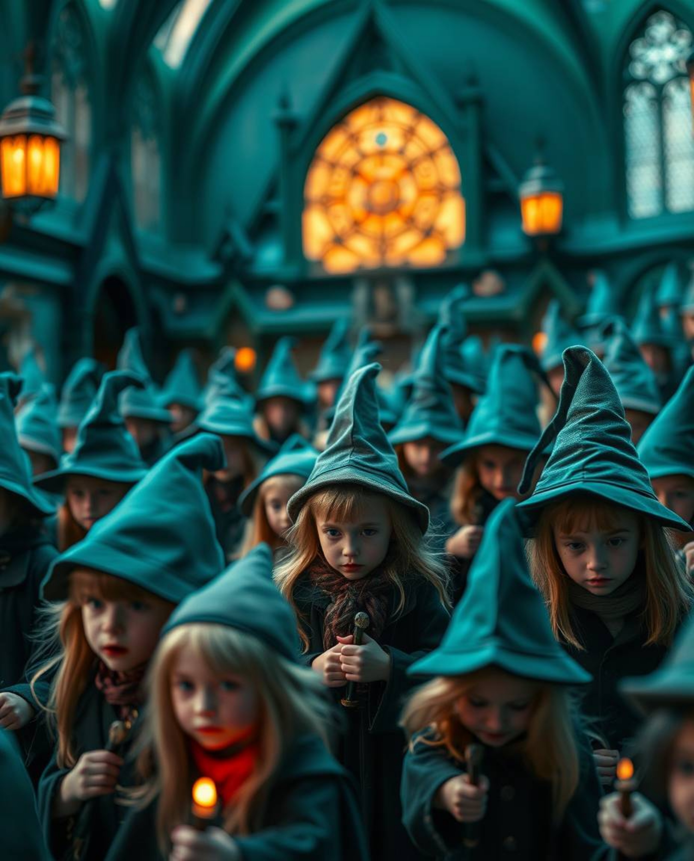 Explore the enchanting world of a magical school through extreme macro close-up photography.  Witness young wizards in a real