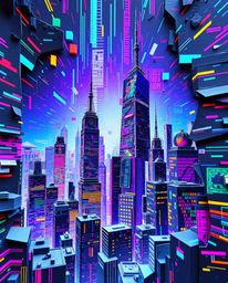 Explore a vibrant and glitchy digital landscape featuring distorted skyscrapers and static noise, rendered in a unique layere