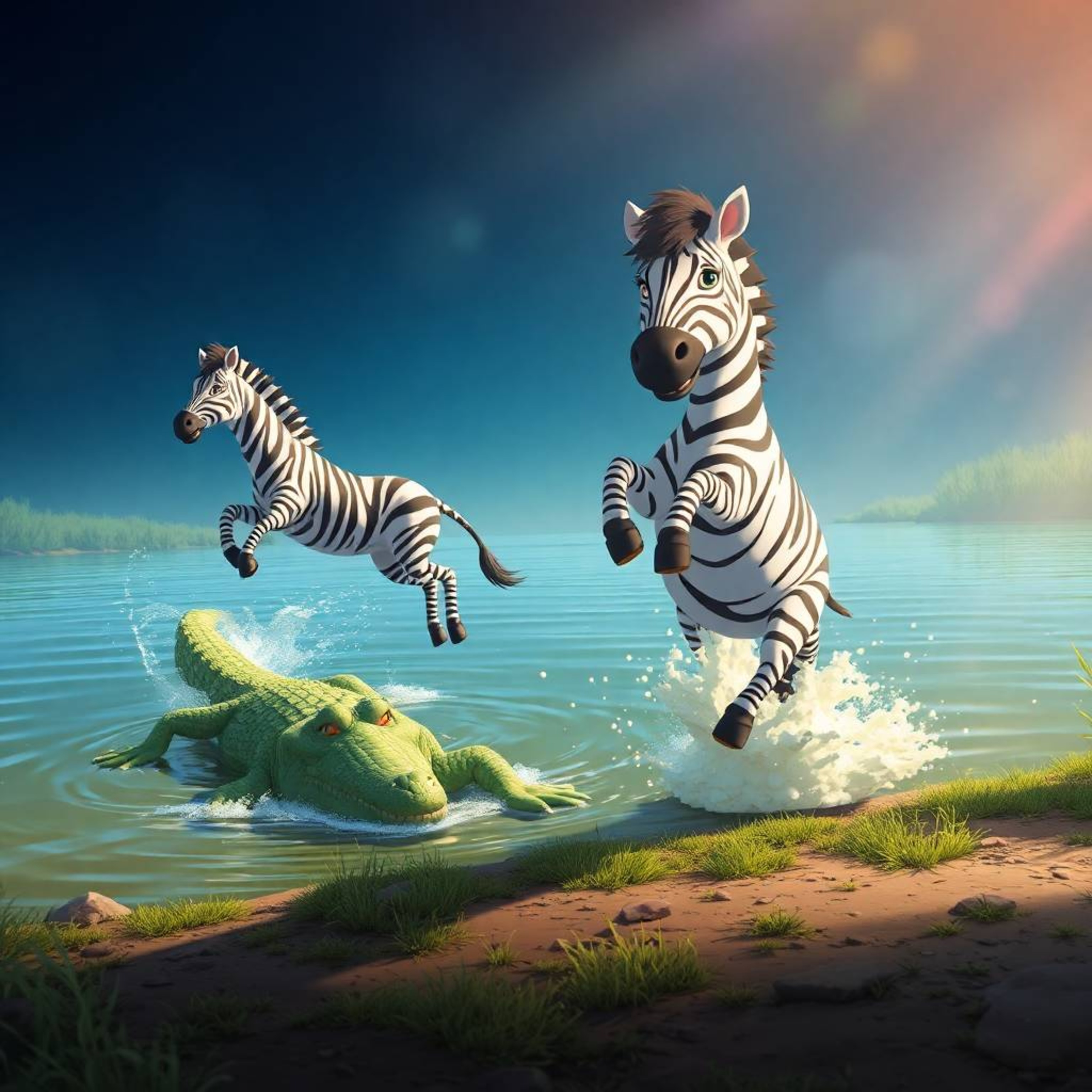 This artwork showcases an Isekai-inspired scene featuring a 3D cartoon zebra and crocodile near a riverbank. The zebra is dep
