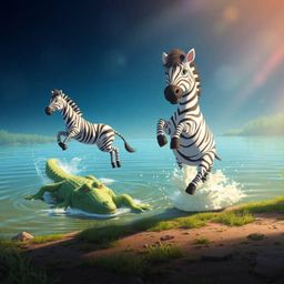 This artwork showcases an Isekai-inspired scene featuring a 3D cartoon zebra and crocodile near a riverbank. The zebra is dep