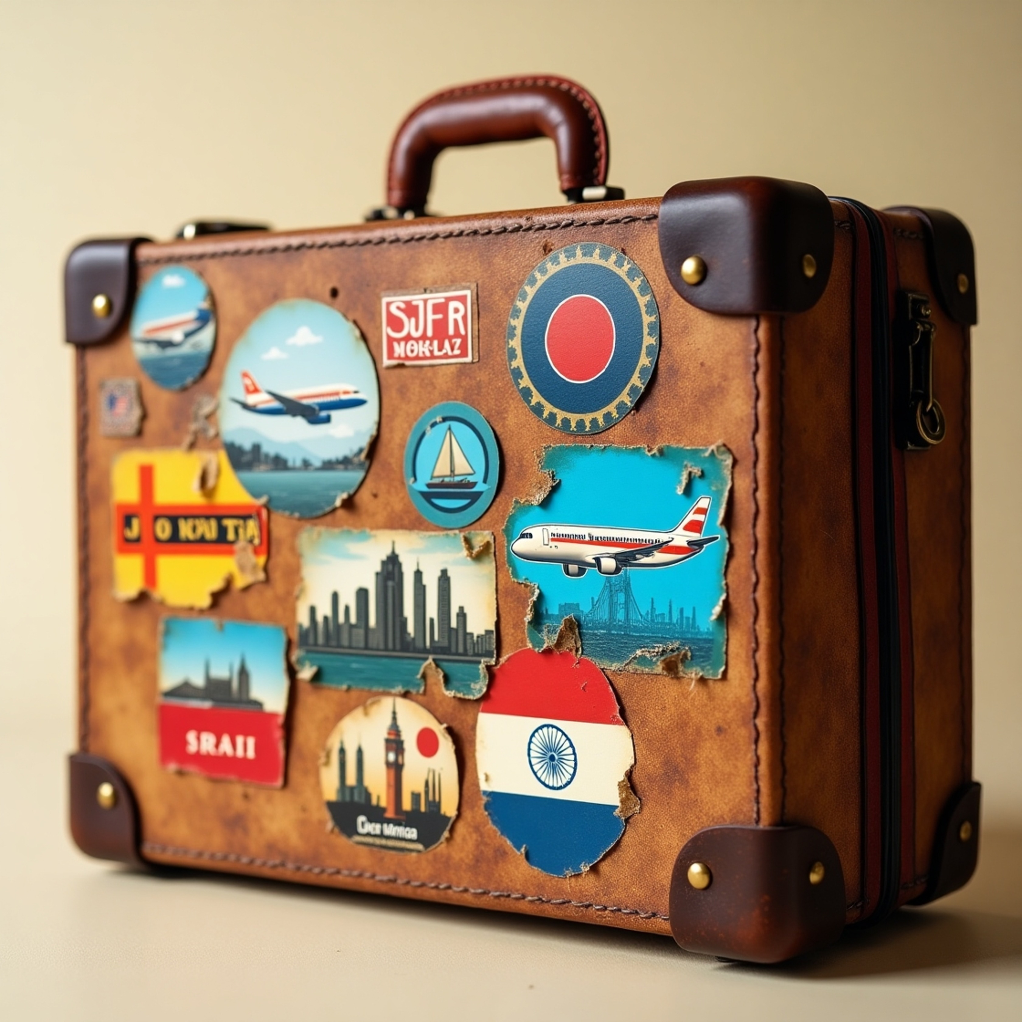 A captivating photograph showcasing a vintage, well-worn leather suitcase adorned with vibrant, peeling travel stickers from