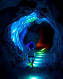 A creative light art piece depicting a child with spiky purple hair following glowing footsteps into a cave. The artwork util