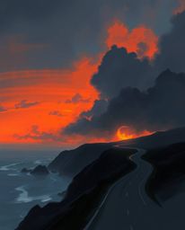 This is a painterly digital sketch in a concept art style, depicting a dramatic, jet-black sunset sky over a winding coastal 