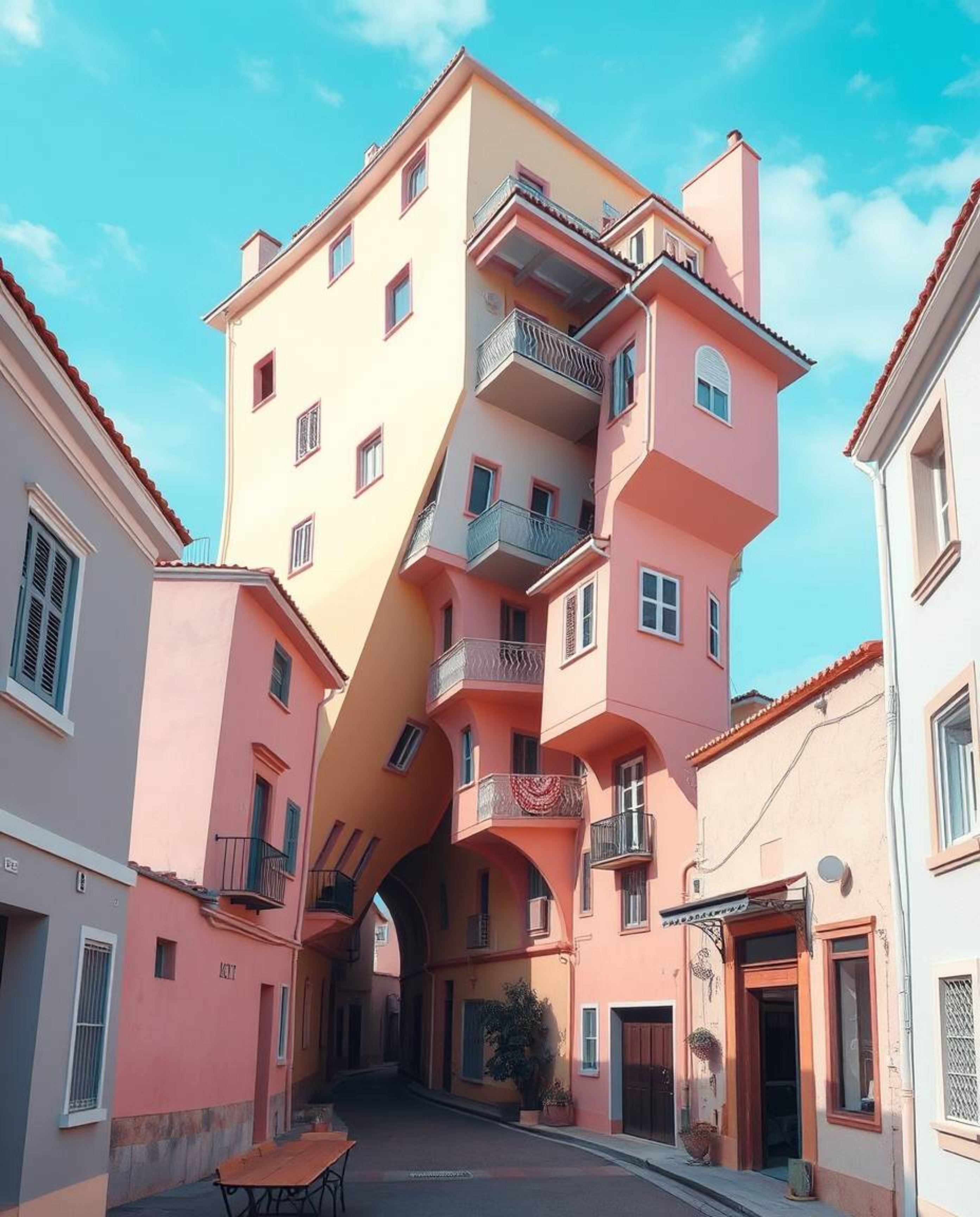 Discover a captivating surreal street scene featuring folding and twisting buildings rendered in soft pastel colors. This art