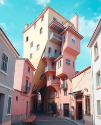 Discover a captivating surreal street scene featuring folding and twisting buildings rendered in soft pastel colors. This art
