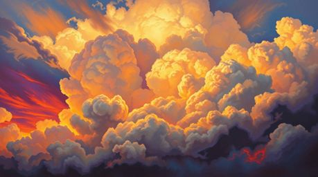 A grand and epic acrylic painting capturing a sunset-lit thunderstorm, showcasing vibrant colors and textured brushstrokes. T